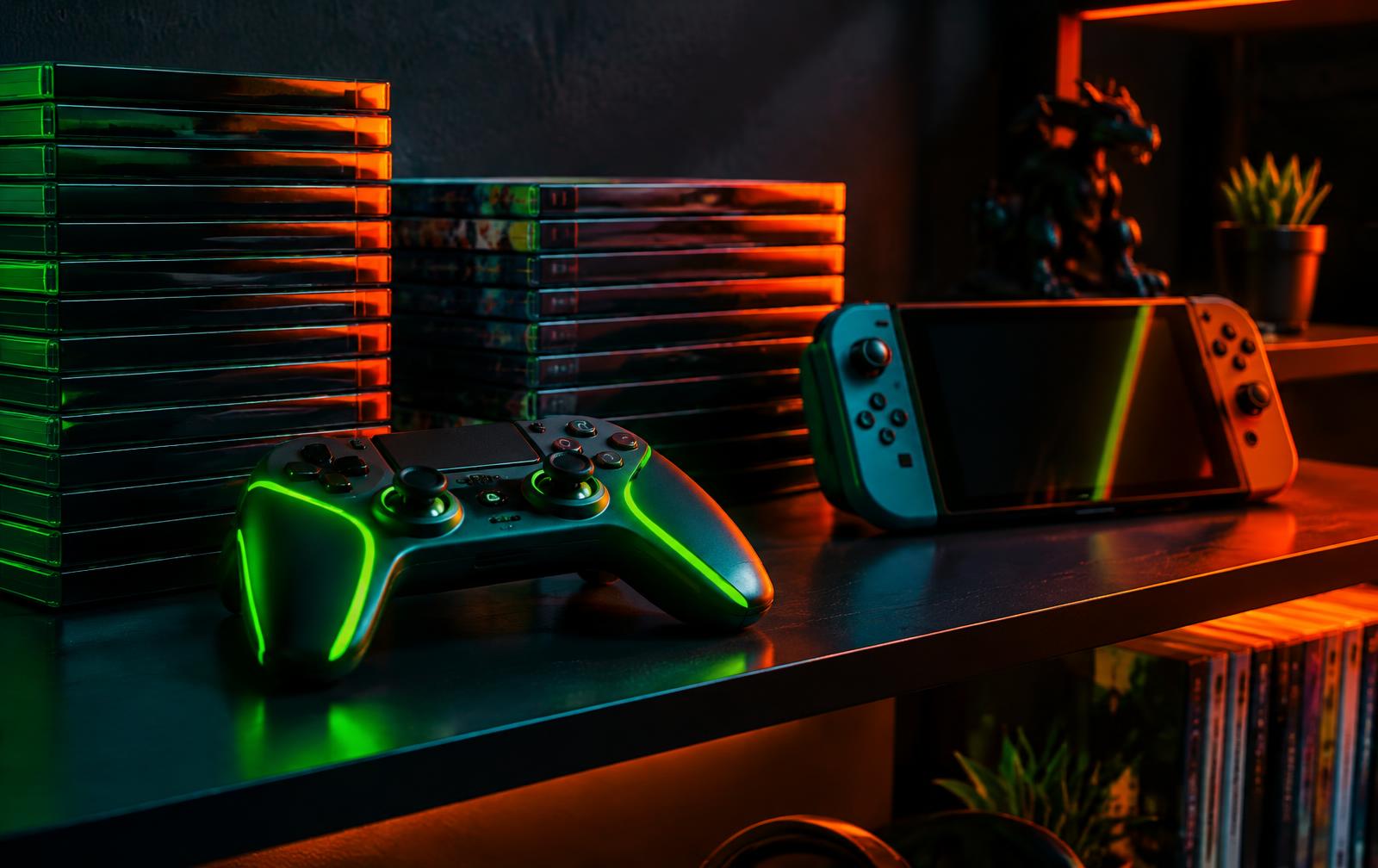 Game controller and consoles on a neon-lit shelf